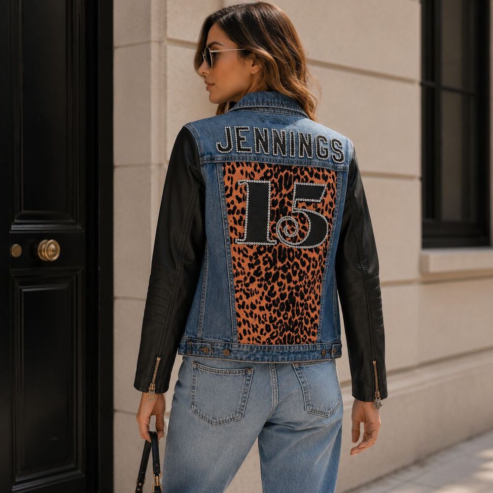MAISON SCOTCH Women's Denim Jacket 2 Leather Sleeve Rhinestone Leopard Print